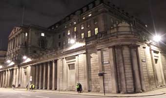 The Bank of England seen by night.