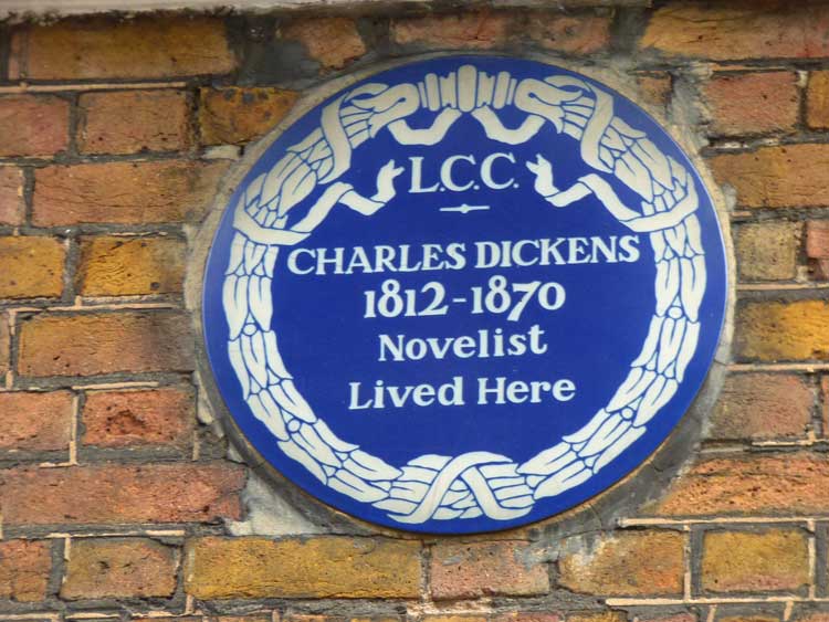 The blue plaque outside the Charles Dickens House in Doughty Street.