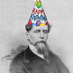 Charles Dickens wearing happy birthday hat!