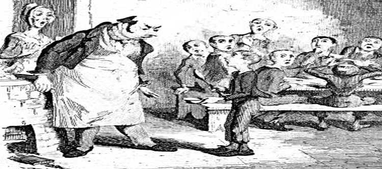 The illustration showing Oliver Twist asking for more.