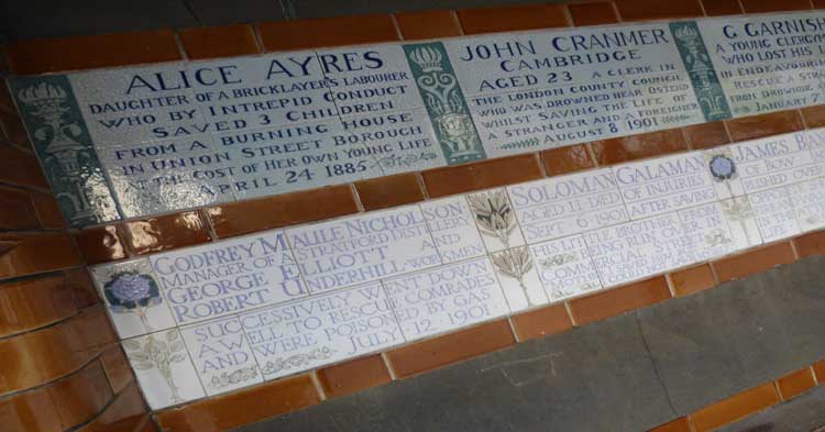 Some of the plaques from the memorial in Postman's Park.