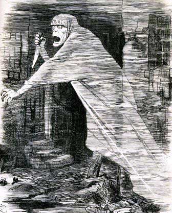 The Punch cartoon The Nemesis of Neglect showing Jack the Ripper as a knife wielding shrouded ghoul