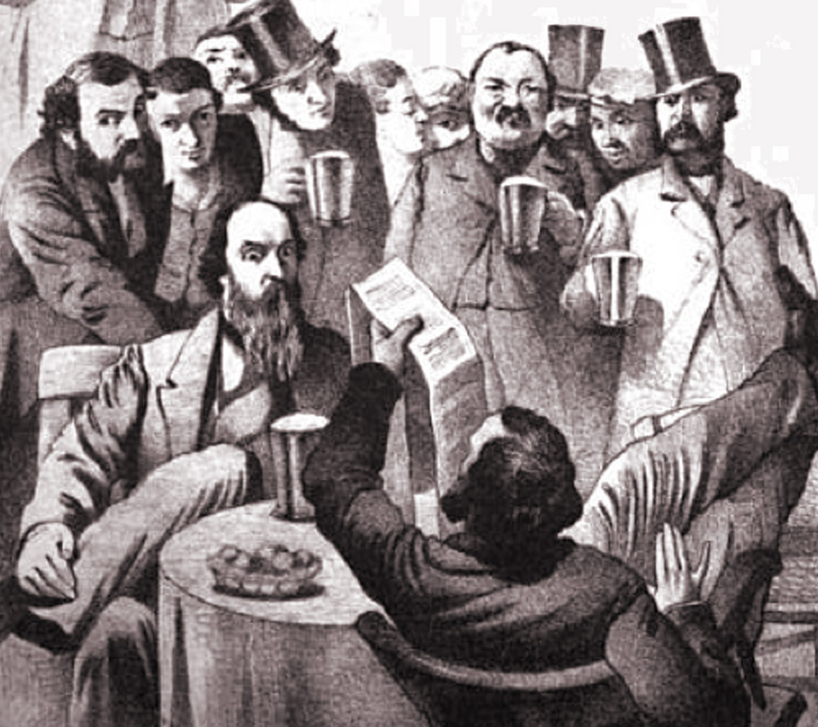 A group of Victorian men drinking in an old pub.