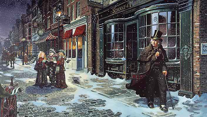 Dickens, scrooge walking through the snow.