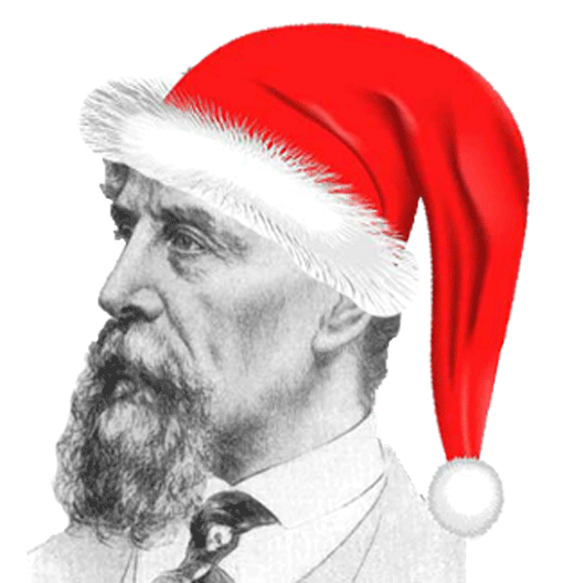 Charles Dickens wearing a Santa hat.