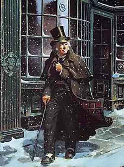 Ebenezer Scrooge walking through the streets of London.