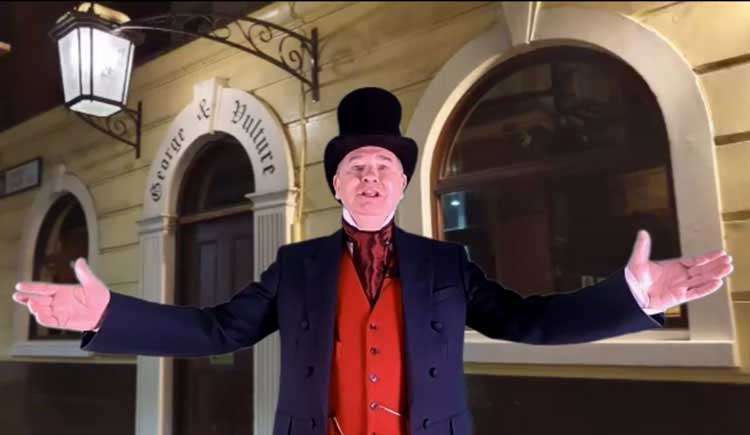 Richard in his Victorian costume outside the George and Vulture.